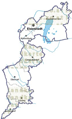 Landkarte und Gemeindekarte Burgenland Bezirksgrenzen vielen Orten Flssen und Seen