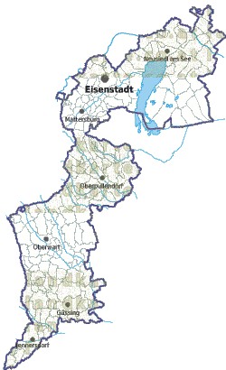 Landkarte und Gemeindekarte Burgenland Gemeindegrenzen vielen Orten Flssen und Seen