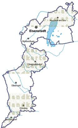 Landkarte und Gemeindekarte Burgenland vielen Orten Flssen und Seen