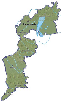 Landkarte und Gemeindekarte Burgenland Regionen vielen Orten Hhenrelief Flssen und Seen