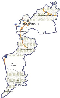 Landkarte, Straßenkarte und Gemeindekarte Burgenland Bezirksgrenzen vielen Orten