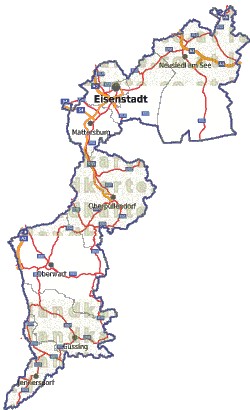 Landkarte, Straßenkarte und Gemeindekarte Burgenland Bezirksgrenzen vielen Orten