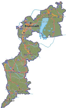 Landkarte, Straßenkarte und Gemeindekarte Burgenland Bezirksgrenzen vielen Orten Hhenrelief Flssen und Seen