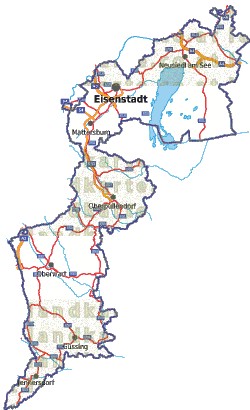 Landkarte, Straßenkarte und Gemeindekarte Burgenland vielen Orten Flssen und Seen