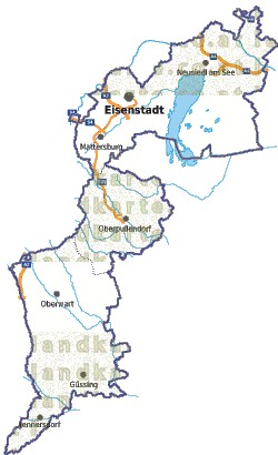 Landkarte, Straßenkarte und Gemeindekarte Burgenland Regionen vielen Orten Flssen und Seen