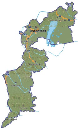 Landkarte, Straßenkarte und Gemeindekarte Burgenland Regionen vielen Orten Hhenrelief Flssen und Seen