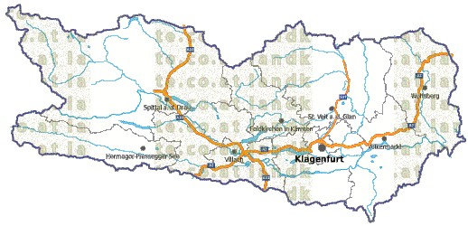 Landkarte, Straßenkarte und Gemeindekarte Kaernten Bezirksgrenzen vielen Orten Flssen und Seen