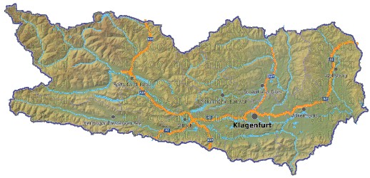 Landkarte, Straßenkarte und Gemeindekarte Kaernten Bezirksgrenzen vielen Orten Hhenrelief Flssen und Seen