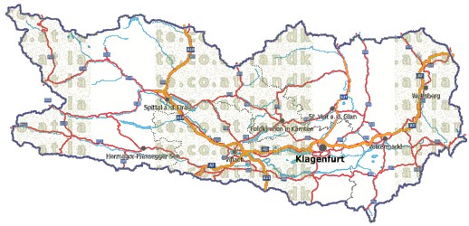 Landkarte, Straßenkarte und Gemeindekarte Kaernten Regionen vielen Orten Flssen und Seen