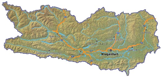Landkarte, Straßenkarte und Gemeindekarte Kaernten vielen Orten Hhenrelief Flssen und Seen