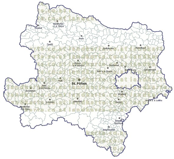 Landkarte und Gemeindekarte Niederoesterreich Bezirksgrenzen und Gemeindegrenzen vielen Orten