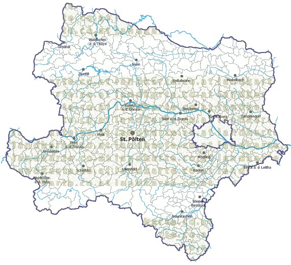 Landkarte und Gemeindekarte Niederoesterreich Bezirksgrenzen und Gemeindegrenzen vielen Orten Flssen und Seen