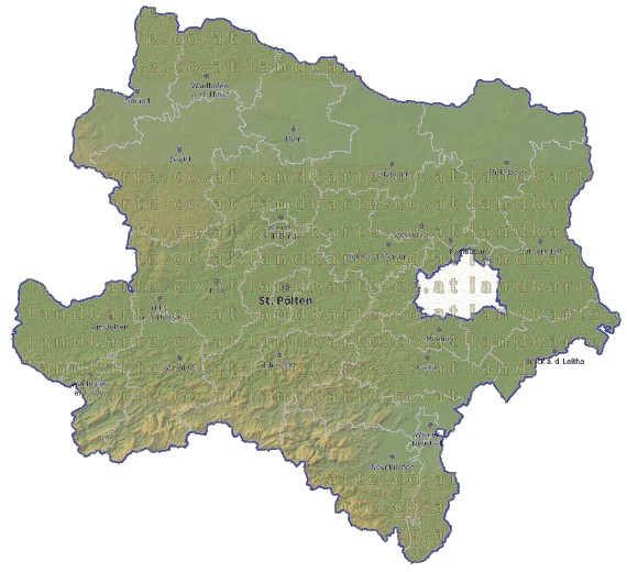 Landkarte und Gemeindekarte Niederoesterreich Bezirksgrenzen vielen Orten Hhenrelief