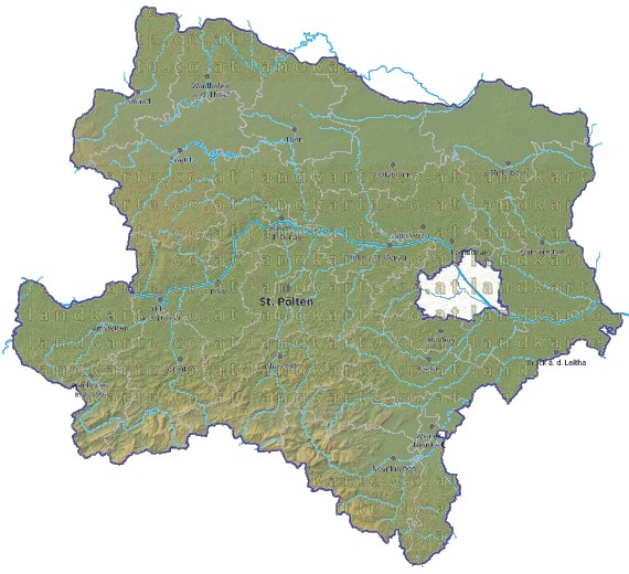 Landkarte und Gemeindekarte Niederoesterreich Bezirksgrenzen vielen Orten Hhenrelief Flssen und Seen