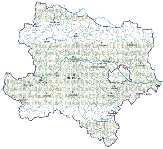 Landkarte und Gemeindekarte Niederoesterreich Gemeindegrenzen vielen Orten Flssen und Seen