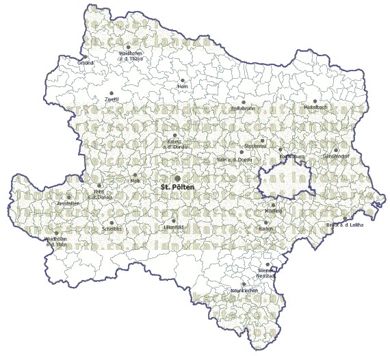 Landkarte und Gemeindekarte Niederoesterreich Regionen und Gemeindegrenzen vielen Orten