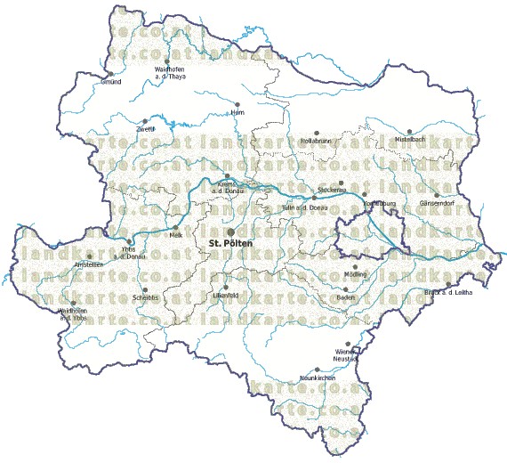 Landkarte und Gemeindekarte Niederoesterreich Regionen vielen Orten Flssen und Seen