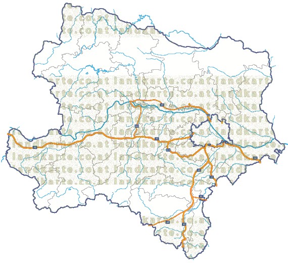 Landkarte und Straßenkarte Niederoesterreich Bezirksgrenzen Flssen und Seen