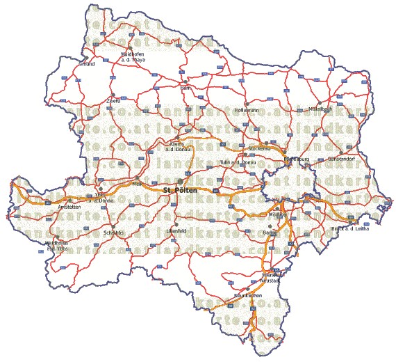 Landkarte, Straßenkarte und Gemeindekarte Niederoesterreich vielen Orten