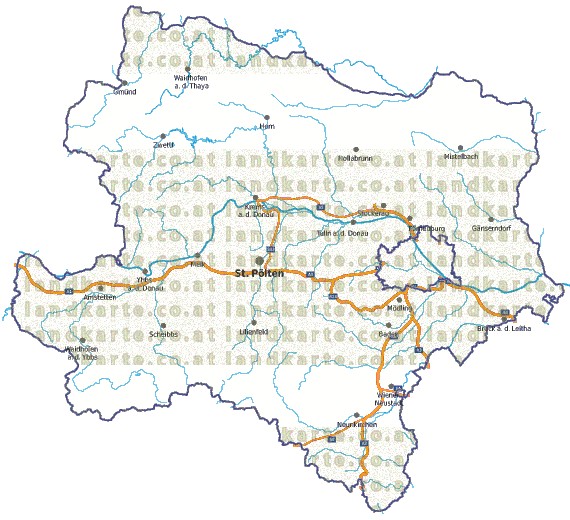 Landkarte, Straßenkarte und Gemeindekarte Niederoesterreich vielen Orten Flssen und Seen