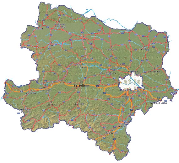 Landkarte, Straßenkarte und Gemeindekarte Niederoesterreich vielen Orten Hhenrelief Flssen und Seen