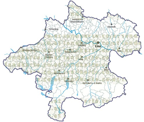 Landkarte und Gemeindekarte Oberoesterreich Gemeindegrenzen vielen Orten Flssen und Seen