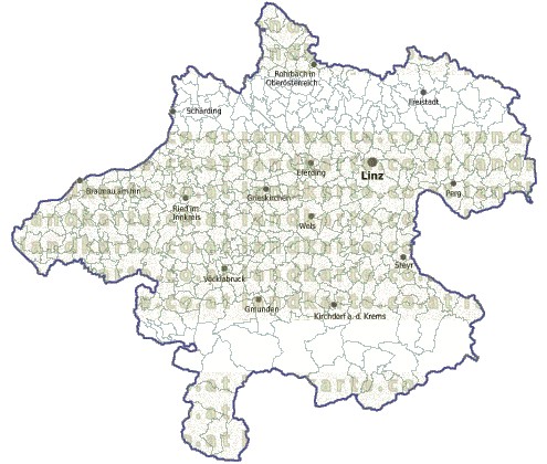 Landkarte und Gemeindekarte Oberoesterreich Regionen und Gemeindegrenzen vielen Orten