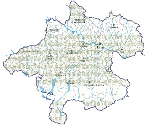 Landkarte und Gemeindekarte Oberoesterreich Regionen und Gemeindegrenzen vielen Orten Flssen und Seen