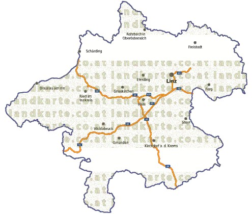 Landkarte, Straßenkarte und Gemeindekarte Oberoesterreich vielen Orten