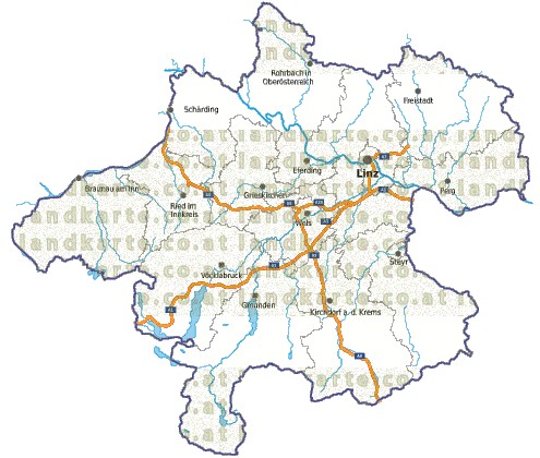 Landkarte, Straßenkarte und Gemeindekarte Oberoesterreich Bezirksgrenzen vielen Orten Flssen und Seen