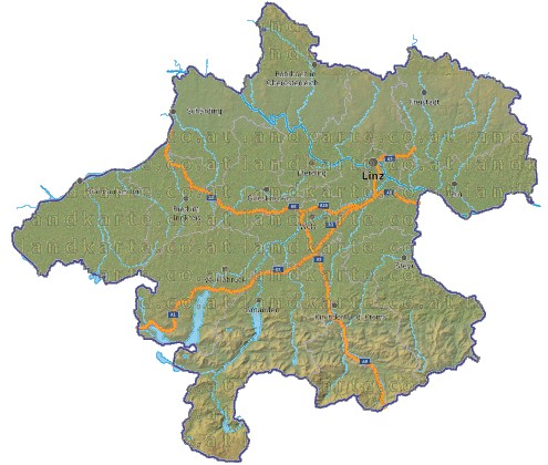 Landkarte, Straßenkarte und Gemeindekarte Oberoesterreich Bezirksgrenzen vielen Orten Hhenrelief Flssen und Seen