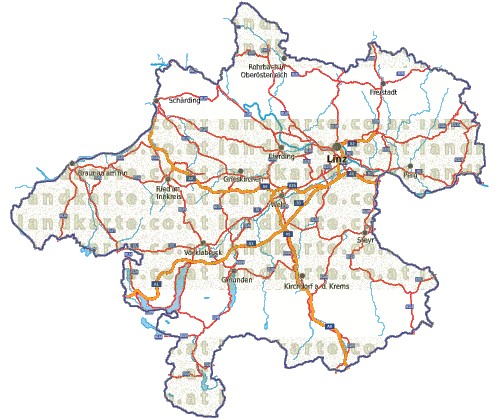 Landkarte, Straßenkarte und Gemeindekarte Oberoesterreich vielen Orten Flssen und Seen