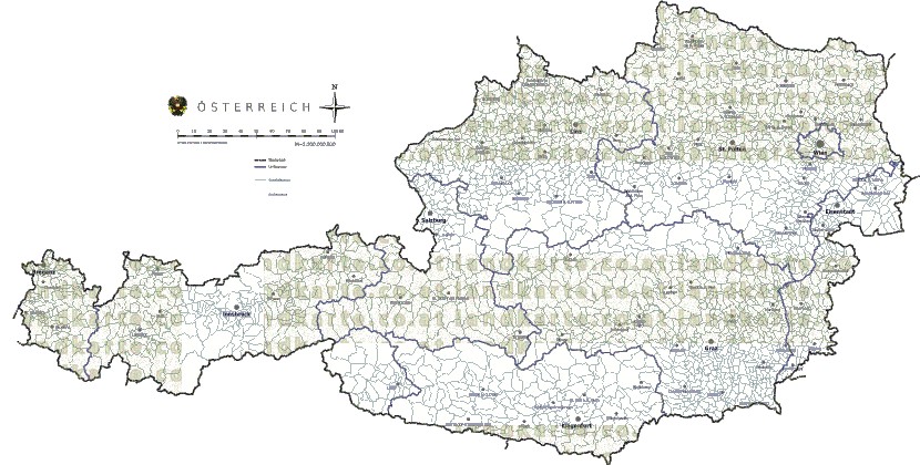 Landkarte und Gemeindekarte Oesterreich Regionen und Gemeindegrenzen vielen Orten