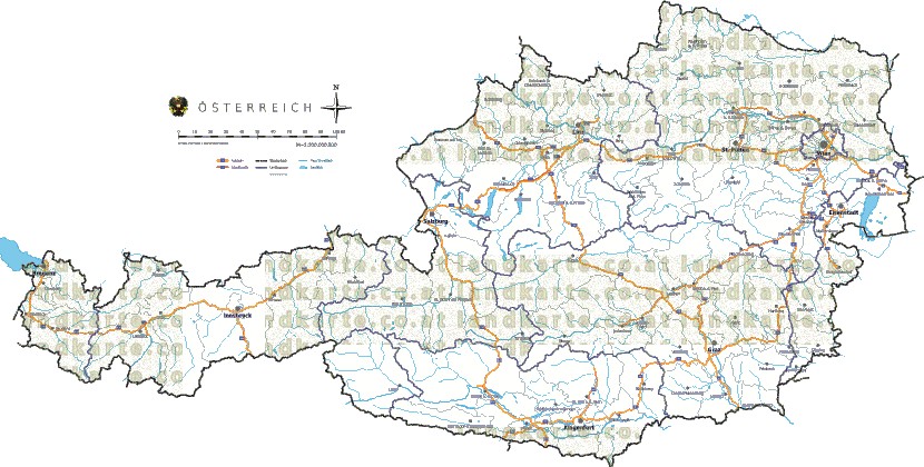 Landkarte, Straßenkarte und Gemeindekarte Oesterreich Bezirksgrenzen vielen Orten Flssen und Seen