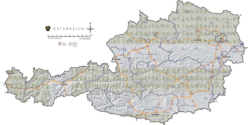 Landkarte, Straßenkarte und Gemeindekarte Oesterreich Bezirksgrenzen vielen Orten Hhenrelief