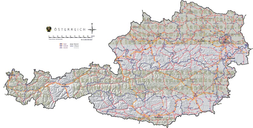 Landkarte, Straßenkarte und Gemeindekarte Oesterreich Bezirksgrenzen vielen Orten Hhenrelief