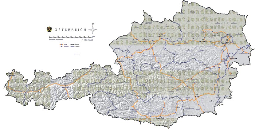 Landkarte, Straßenkarte und Gemeindekarte Oesterreich Regionen vielen Orten Hhenrelief