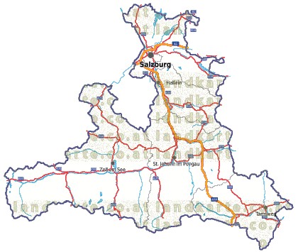 Landkarte, Straßenkarte und Gemeindekarte Salzburg Bezirksgrenzen vielen Orten Flssen und Seen