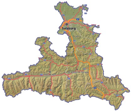 Landkarte, Straßenkarte und Gemeindekarte Salzburg Bezirksgrenzen vielen Orten Hhenrelief