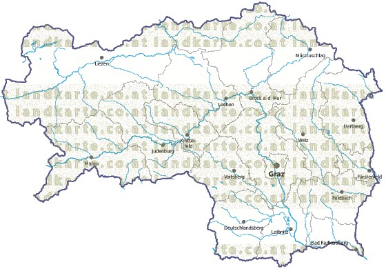 Landkarte und Gemeindekarte Steiermark Bezirksgrenzen vielen Orten Flssen und Seen