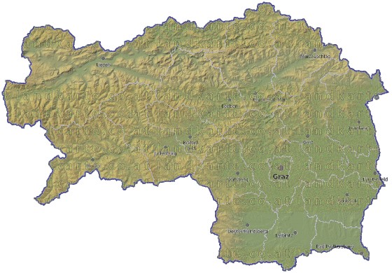 Landkarte und Gemeindekarte Steiermark Bezirksgrenzen vielen Orten Hhenrelief