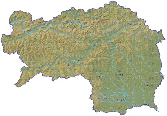 Landkarte und Gemeindekarte Steiermark Regionen vielen Orten Hhenrelief Flssen und Seen
