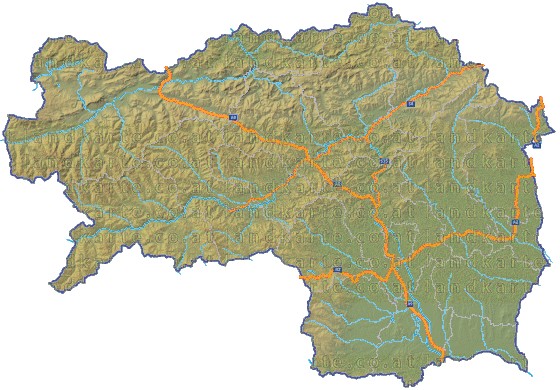 Landkarte und Straßenkarte Steiermark Bezirksgrenzen Hhenrelief Flssen und Seen