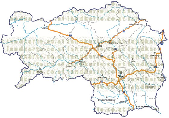Landkarte, Straßenkarte und Gemeindekarte Steiermark Bezirksgrenzen vielen Orten Flssen und Seen