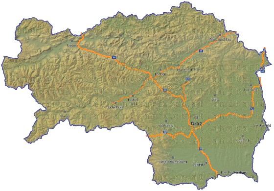 Landkarte, Straßenkarte und Gemeindekarte Steiermark vielen Orten Hhenrelief