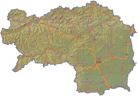 Landkarte, Straßenkarte und Gemeindekarte Steiermark vielen Orten Hhenrelief