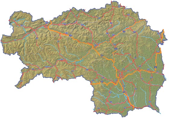 Landkarte und Straßenkarte Steiermark Regionen Hhenrelief Flssen und Seen
