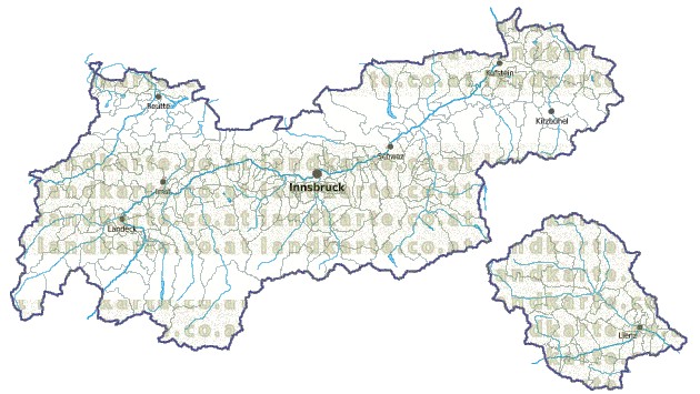 Landkarte und Gemeindekarte Tirol Bezirksgrenzen und Gemeindegrenzen vielen Orten Flssen und Seen