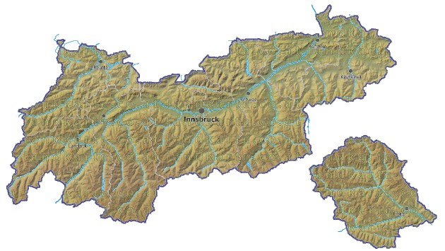 Landkarte und Gemeindekarte Tirol Bezirksgrenzen vielen Orten Hhenrelief Flssen und Seen