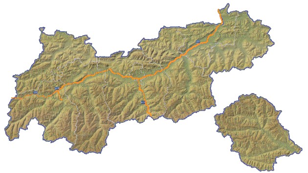 Landkarte und Straßenkarte Tirol Bezirksgrenzen Hhenrelief
